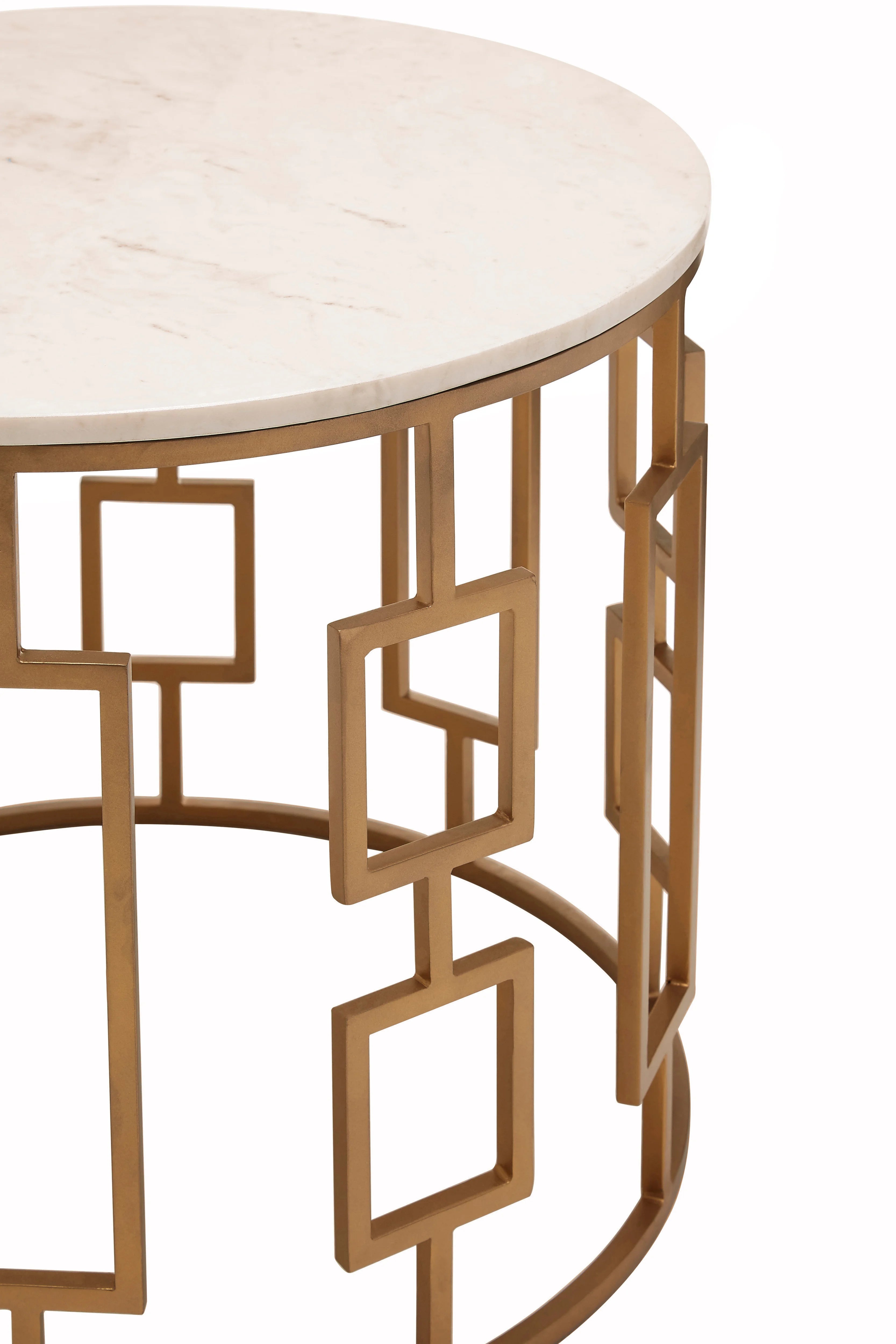 Bonville White Marble & Gold Geometric Round Side Table